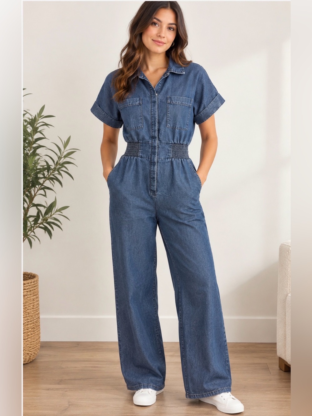 indulge Classic Denim Short-Sleeve Jumpsuit in Blue